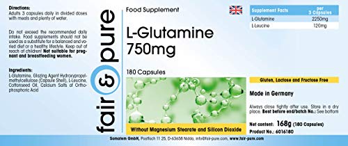 L-Glutamina en Cápsulas - Vegana - Aminoácido Glutamina 750mg - Polvo encapsulado - Neutra - Alta pureza - 180 Cápsulas