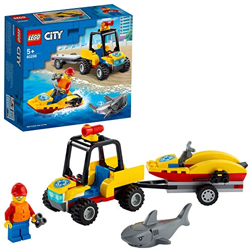 LEGO 60286 City Quad de Rescate Costero con Remolque, Juguete de Construcción con Moto de Agua y Figuras de Tiburón y Socorrista