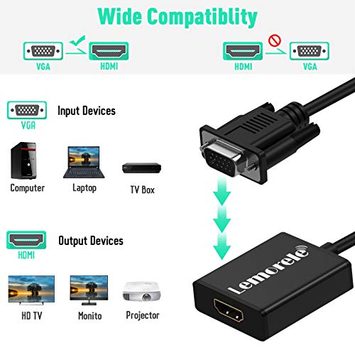 Lemorele VGA a HDMI Adaptador con Audio 1080P 60Hz Conversor VGA Macho a HDMI Hembra Conexión de Computadora Portátil, PC, TV Box con Salida VGA a HDTV, Monitor, Proyector con Entrada HDMI-Negro