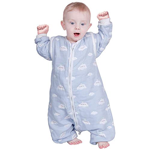 Lictin Saco de Dormir para Bebés-Saco de Dormir para Bebés con Mangas Extraíbles para Bebés Niños de 1-3 años de 75 a 95 cm 2.0 TOG Motivo de Cielo Azul y Nubes Blancas 100% al Algodón Orgánico