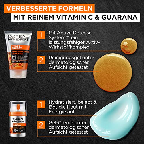 L'Oréal Men Expert Hydra Energy Set de regalo para hombres 24H hidratante con Guarana (50 ml) y gel de lavado (100 ml) para el cuidado facial diario