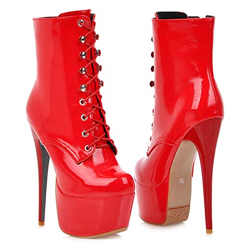 Lydee Mujer Moda Boots Ankle High Tacones de Aguja Cremallera Botas Cortas Heels Plataforma Performance Shoes Red Talla 34