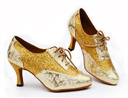 MGM-Joymod Mujer Clásico Encaje Impresión Brillo Sintético Tango Salón de Baile Latino Moderno Zapatos de Baile Noche Boda Zapatos de Tacón Bajo, color Dorado, talla 35.5 EU
