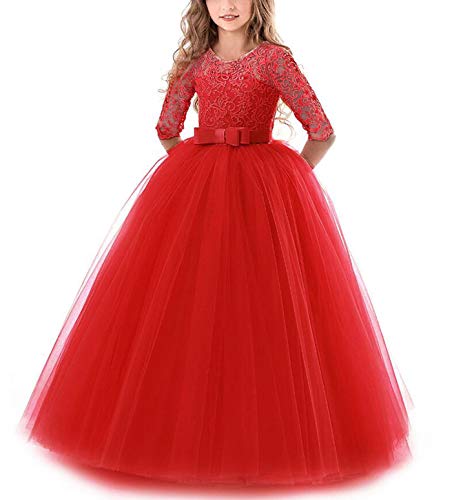 NNJXD Chicas Pompa Bordado Vestido de Bola Princesa Boda Vestir Talla(140) 8-9 años 378 Rojo-A