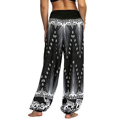 Nuofengkudu Mujeres Hippies Pantalones Largos Cintura Alta Boho Flores Impreso Baggy Indios Yoga Pants Verano Playa Fiesta Harem Pantalón (Negro B,M)
