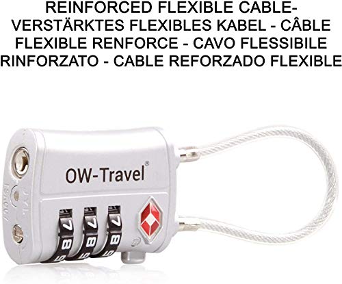 OW-Travel Candado Combinacion Cable Acero Flexible Anti robo. Candado maleta TSA numerico 3 Digitos. Candados mochila y maletas. TSA candado Taquilla Gimnasio. Candado seguridad equipaje Plata 1