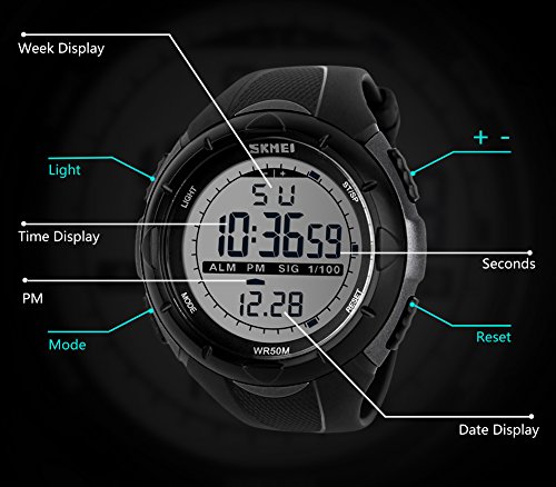para la práctica de Deportes Reloj Digital - 5 Bares Impermeable Militar de los Relojes Digitales con Alarma/Sig, Negro Grande Cara al Aire Libre Deporte LED Reloj de Pulsera para Hombres por BHGWR