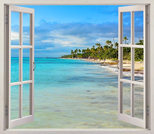 Pegatinas 3D Vinilo Ventana Varias Medidas 150x130cm | Adhesivo Incluido | Decoracion Habitación |Playa, del Caribe con Palmeras | Multicolor | Diseño Elegante |