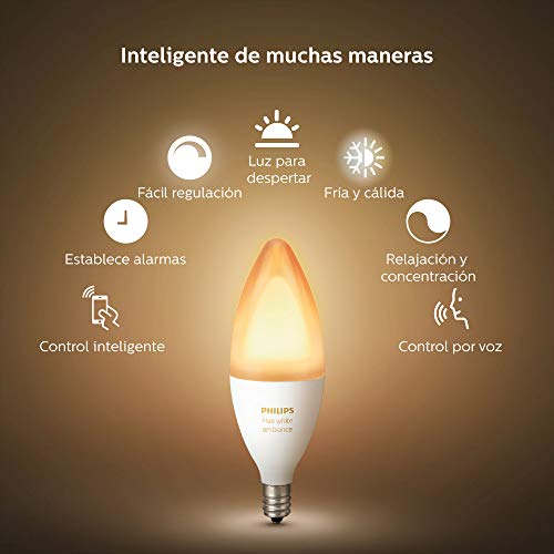 Philips Hue Bombilla Inteligente LED E14, 6 W, Luz Blanca de Cálida a Fría, Compatible con Alexa y Google Home