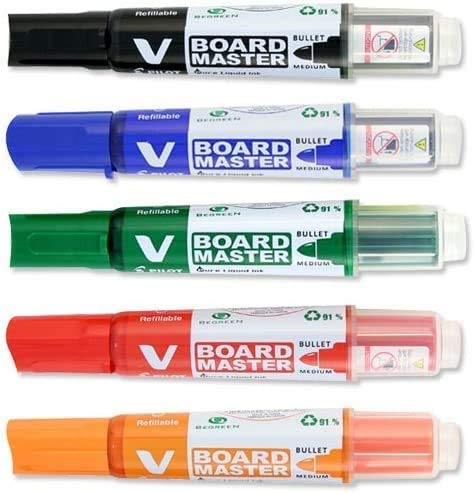 Pilot V Board Master - Set de 5 Marcadores Multicolor para Pizarra + Recambios Pilot VBoard Master-Para Pizarra Blanca 12 Unidades (3 Azules,3 Negros,3 Rojos,2 Naranja y 1 Verde) + Borrador Molin
