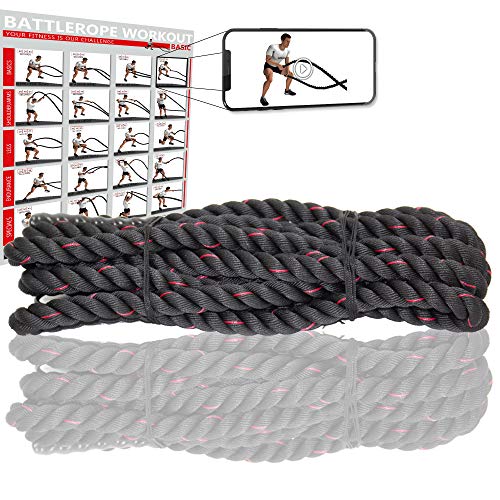 POWRX Battle Rope 9M x 50mm - Cuerda de Batalla Ideal para »Functional Fitness« - Agarre Antideslizante + PDF Workout (Negro)