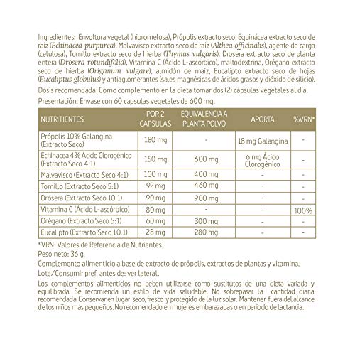 Própolis complex 1.600 mg 60 cápsulas con echinácea, malvavisco, tomillo, drosera, vitamina C, eucalipto y orégano.