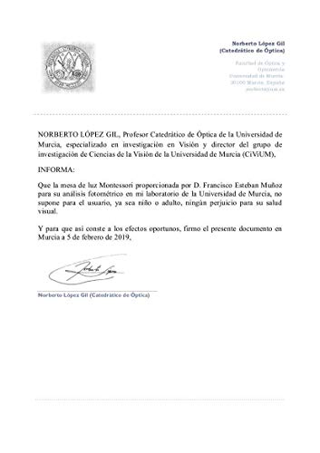 R-Crea - Mesas de luz Montessori con Certificado de Calidad emitido por la Universidad de Murcia.
