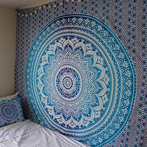 RAJRANG BRINGING RAJASTHAN TO YOU Blue Ombre Indian Wall Hanging - Hippie Mandala Tapiz Bohemia Colcha Ethnic Dorm Decor - Azul - 213 x 137 cm
