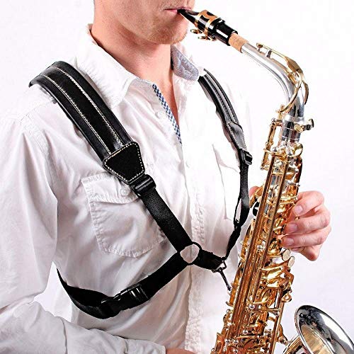 Rayzm Arnés para saxofón de piel auténtica, Correa de Arnés Universal para Saxofón, Arnés Ajustable y Acolchado para Saxofón Alto, Tenor, Soprano o Barítono (Grande)
