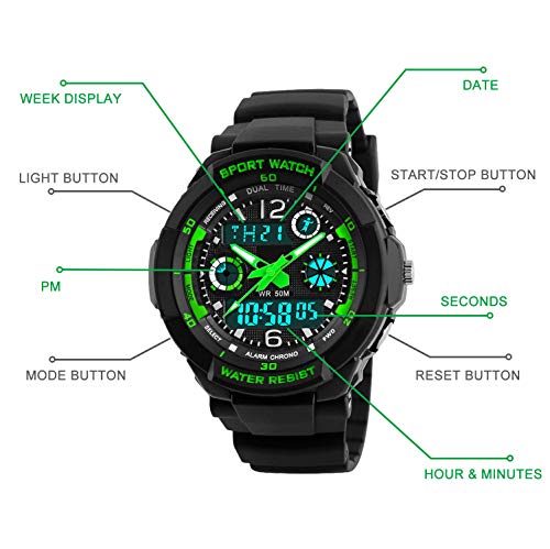 Reloj digital para niños con 12/24 horas/Alarma/cronómetro, niños deportes al aire libre analógico relojes de pulsera para adolescentes niños regalos verde
