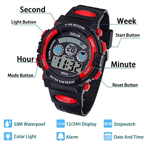 Reloj Digital para Niños,Niños Niñas 50M (5ATM) Impermeable 7 Colores LED Relojes Deportivos Multifuncionales para Exteriores con Alarma (Negro Rojo)