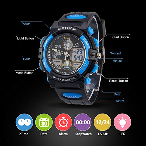 Reloj para Niños, Reloj de Pulsera Analógico Digital Reloj Deportivo 50M Impermeable para Exteriores con Alarma/Cronómetro/luz LED para Adolescentes (Negro-Azul)