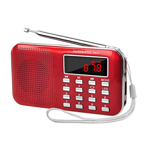 Retekess PR11 Radio Portatil Pequeña, Radio de Bolsillo FM Am Radio con Batería Recargable, Linterna, Radio Transistor, Soporte Unidad USB, Tarjeta TF, Entrada AUX (Rojo)