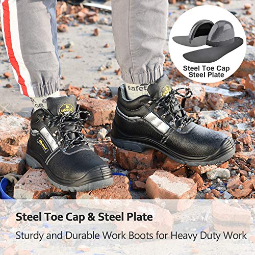 SAFEYEAR Botas de Trabajo Hombres con Puntera de Acero,Zapatos de Seguridad de Piel para Mujeres M-8027N (Negro, EU41)