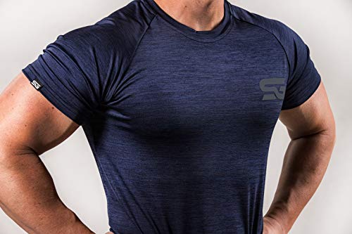 Satire Gym - Camiseta de fitness para hombre - Ropa deportiva funcional - Adecuado para entrenamientos y entrenamiento - Slim Fit, color azul marino, tamaño large