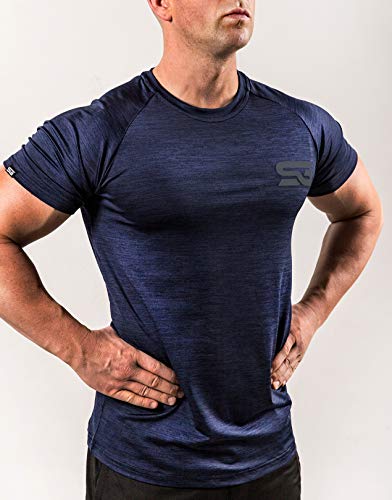 Satire Gym - Camiseta de fitness para hombre - Ropa deportiva funcional - Adecuado para entrenamientos y entrenamiento - Slim Fit, color azul marino, tamaño large