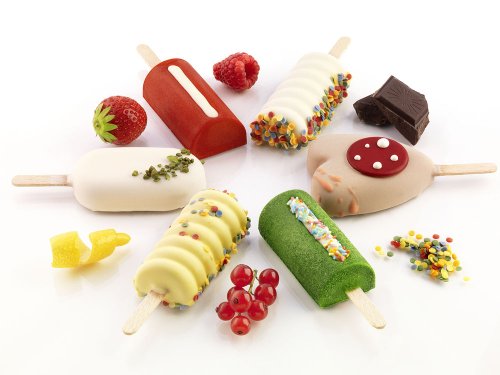 Silikomart GEL01MB MINI CLASSIC  - Mini moldes de congelador para helados y aperitivos (silicona, se incluyen 50 soportes de madera), diseño ovalado