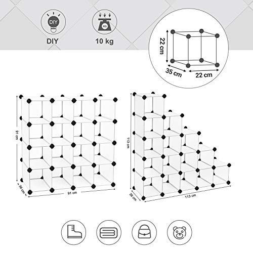SONGMICS Estantería Modular de plástico PP Zapatero Organizador 15 Cubos Blanco semitraslúcido 113 x 36 x 113 cm LPC44S