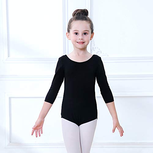Soudittur Maillot de Ballet Danza Clásico para Niña Manga 3/4 Body Leotardo Gimnasia Ritmica (Negro, Tag 130(Height: 125-135 cm))