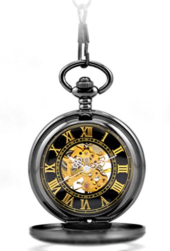Stayoung Steampunk Antiguo Negro Números Romanos Cuerda Manual Reloj de Bolsillo Mecánico Colgante Cadena Lupa Caballero Negro