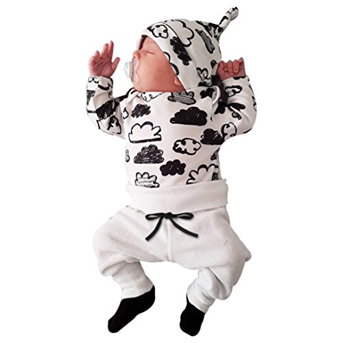 Switchali Ropa Bebe Nino Recien Nacido otoño Impresión de la Nube Blusa Bebe niña Manga Larga Camisetas Bebé Conjuntos Moda Camisa + Pantalones + Sombrero (3 Piezas) (80 (3~6meses), Blanco)