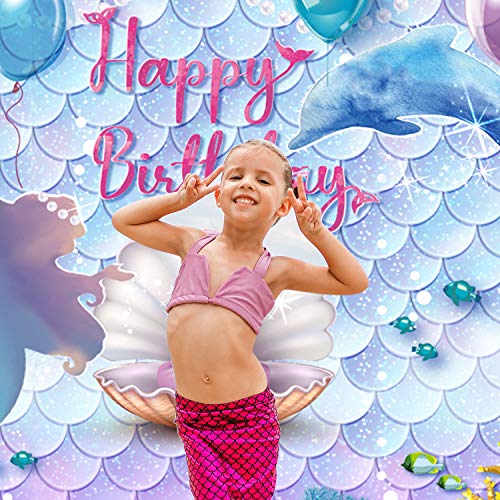 Telón de Fondo de Fiesta de Cumpleaños de Sirenita Bajo el Mar Telón de Fondo de Fotomatón de Cumpleaños de Princesa Sirena Bandera de Fondo de Púrpura Azul Sirena Perla Ballena, 71 x 43 Pulgadas