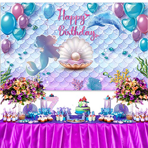 Telón de Fondo de Fiesta de Cumpleaños de Sirenita Bajo el Mar Telón de Fondo de Fotomatón de Cumpleaños de Princesa Sirena Bandera de Fondo de Púrpura Azul Sirena Perla Ballena, 71 x 43 Pulgadas