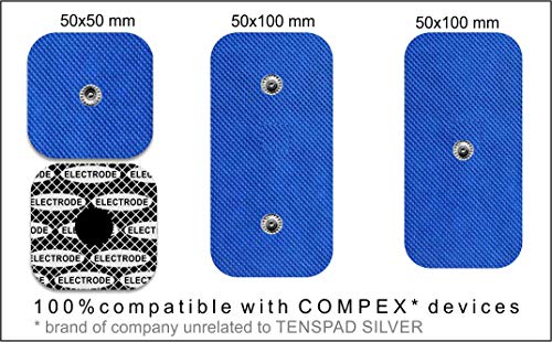 TENSPAD SILVER 12 electrodos con patrón de Plata para Compex (8 electrodos 50x50mm con 1 Snap y 4 electrodos 50x100mm con 2 Snaps)