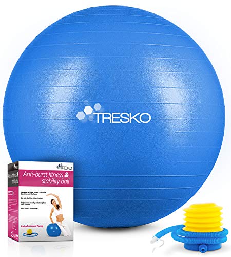 TRESKO® Pelota de Gimnasia Anti-Reventones | Bola de Yoga Pilates y Ejercicio | Balón para Sentarse | Balon de Ejercicio para Fitness | 300 kg | con Bomba de Aire | Azul | 65cm