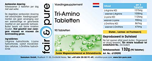 Tri-Amino Complex - Complejo de Aminoácidos esenciales - L-Arginina, Ornitina y Lisina - Vegano - Alta pureza - 90 Comprimidos