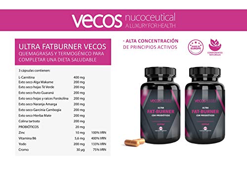Ultra Fat Burner Vecos con Probióticos para disminuir las calorías – Quema grasas y termogénico para complementar con una dieta saludable – 100 cápsulas vegetales - 100% apto para veganos