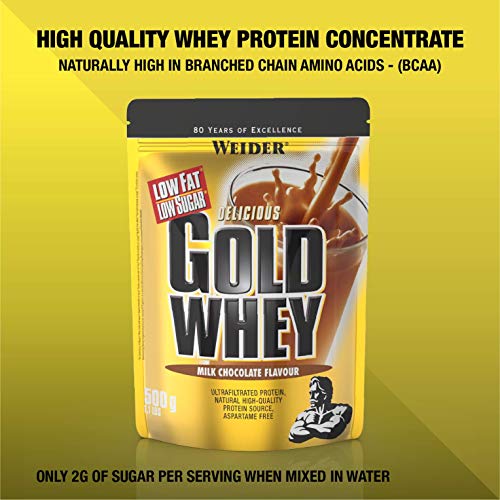 Weider Gold Whey Sabor Chocolate - 500 gr. Concentrado de Proteina de Suero de la más alta calidad. Fácil absorción y digestión. Con un extra de BCAA.