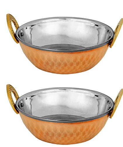 Zap Impex Juego de 2 cuencos indios de cobre y acero inoxidable martillado Karahi y fuente de servir Curry (15 cm)