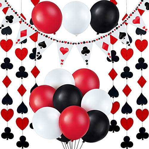 19 piezas temáticas de póquer decoraciones de fiesta banderines de casino decoraciones de cuerda de globos de látex rojo negro blanco para decoraciones de fiesta temáticas de cumpleaños
