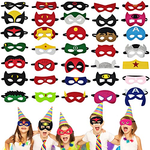 35 Piezas Máscaras de Superhéroe, Máscaras de Fieltro para Niños de Cosplay con Cuerda Elástica Máscaras de Ojos para Niños Mayores de 3 años