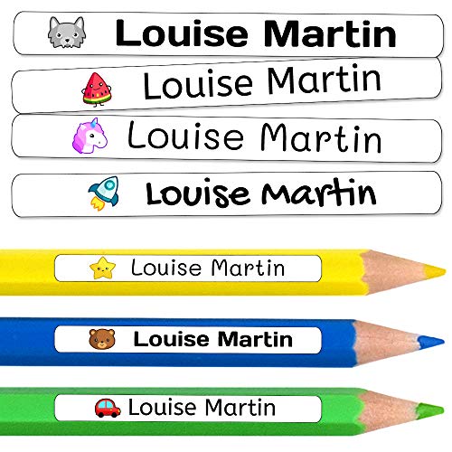 50 Etiquetas Adhesivas Personalizadas para lápices, bolis y rotuladores. Pegatinas escolares con nombre para marcar objetos. Adhesivos resistentes al agua para colegio y guardería Medida 4,6 x 0,6 cm
