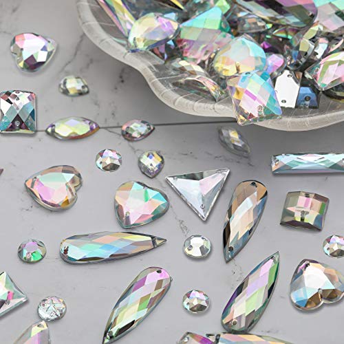 500 Piezas de Gemas de Costura Cristal Acrílico de Costura Diamante de Imitación de Formas Mixtas de Costura con 2 Agujeros para Costura Ropa Adornos de Abalorios (Cristal AB)