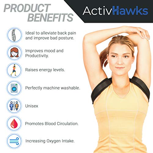 ActivHawks - Corrector de postura de espalda para hombres y mujeres, lavable y ajustable, ideal para aliviar dolores de espalda, torácicos, cuello y hombros, incluye libro electrónico de ejercicios