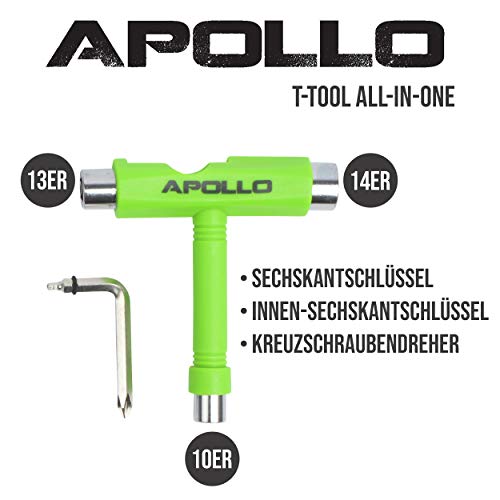 Apollo T-Tool Llave para Patines, Scooter, Longboard, Llave Hexagonal multifunción Todo en uno