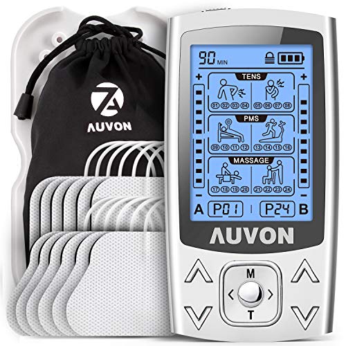 AUVON 3-en-1 Electroestimulador muscular de 24 modos, con función TENS, EMS y masaje, para aliviar el dolor muscular y fortalecer los músculos, 2 Canales, 12pcs 2"x2" Electrodos con diseño patentado