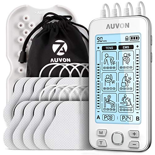 AUVON Electroestimulador TENS de 4 salidas, TENS EMS para terapia de alivio del dolor con masajeador de pulso eléctrico de 24 modos, 10 piezas de electrodos premium de 2"x 2" con diseño patentado