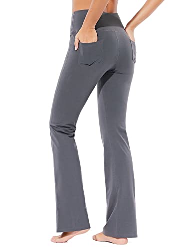 BALEAF Pantalones de yoga de algodón para mujer con corte de botas, de cintura alta, con bolsillos - gris - Medium