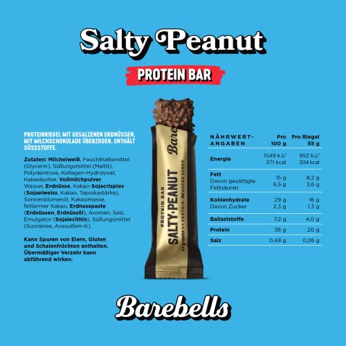 Barebells - Barritas de Proteína - 20g Proteína x Barrita - Baja en azúcar - Baja en Calorías - Sin Aceite de Palma - Salty Peanut (Cacahuete Salado) - Pack de 12 Barritas x 55g