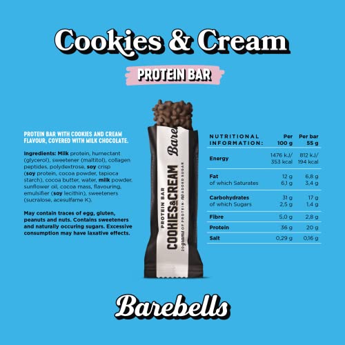 Barritas de Proteínas Barebells Cookies and Cream 12 x 55g, Ricas en Proteínas, Bajo en Carbohidratos, Bajo en Azúcar, 20g Proteína por Barrita.